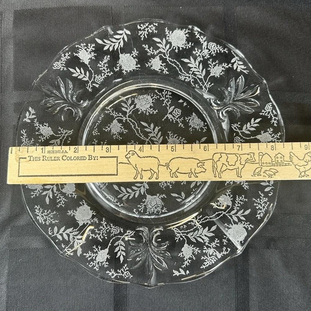 Vintage Fostoria Chintz Trio Set • Etched Glass Cup Saucer Plate • Baroque Blank